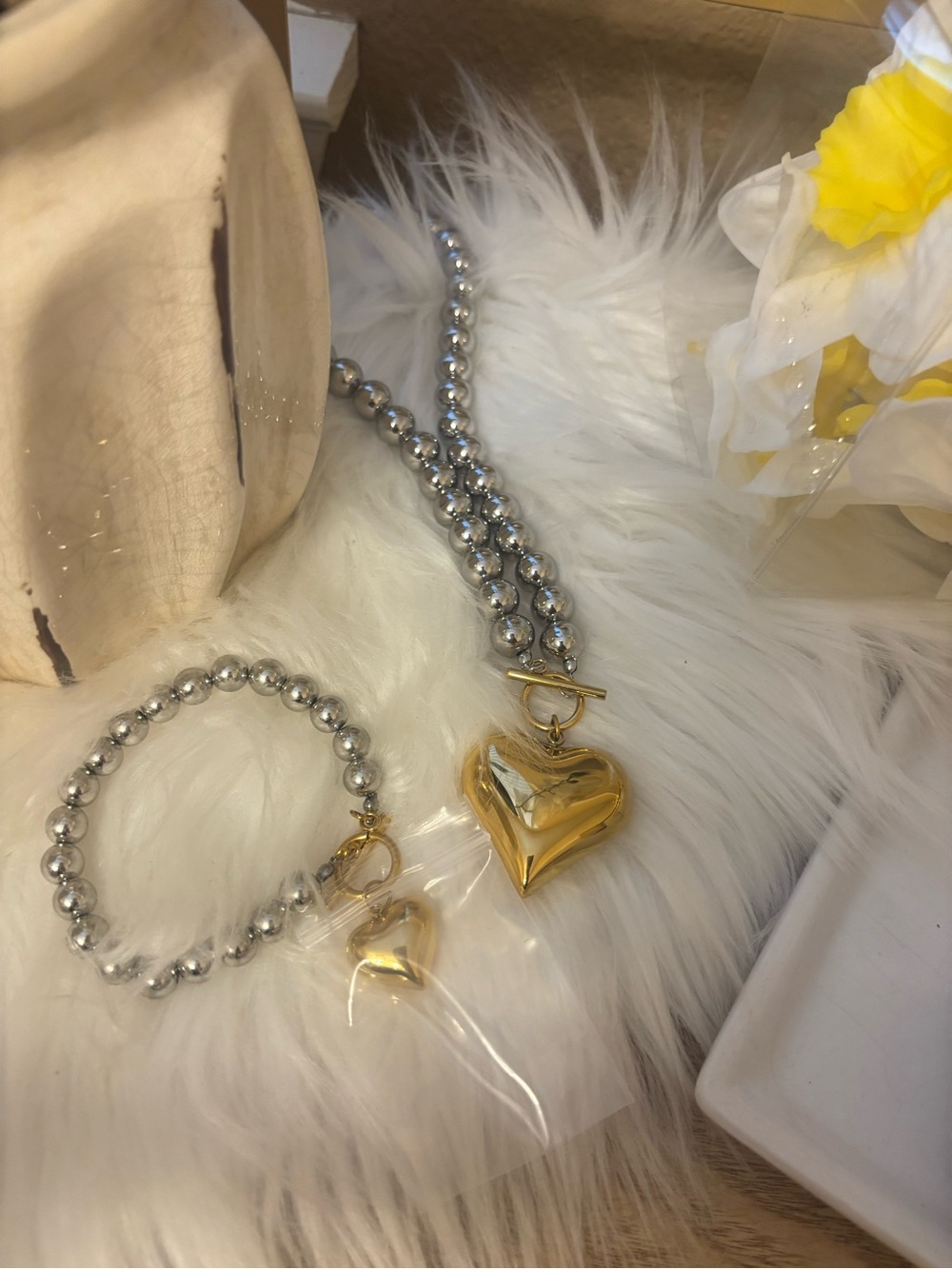 Gold Heart Pendant Necklace & Bracelet Set - Silver Beaded